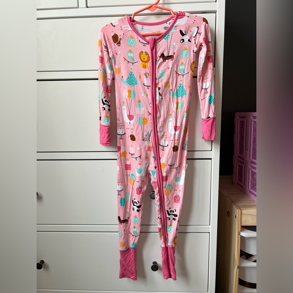 Little Sleepies Pink Animal Birthday Print Kids Bamboo Footie Zippie 18-24 mo